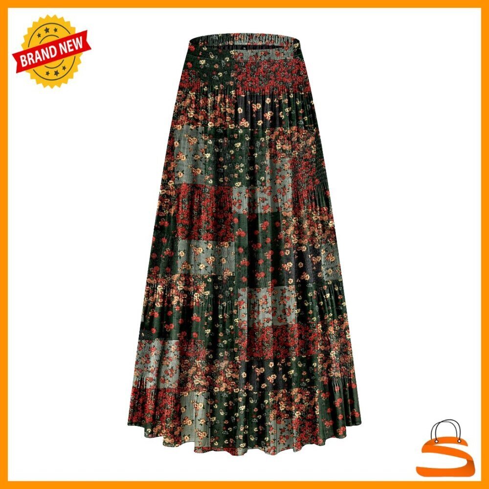 Women's Chiffon High Waist Tiered Pleated Floral Maxi Skirt A-Line Boho